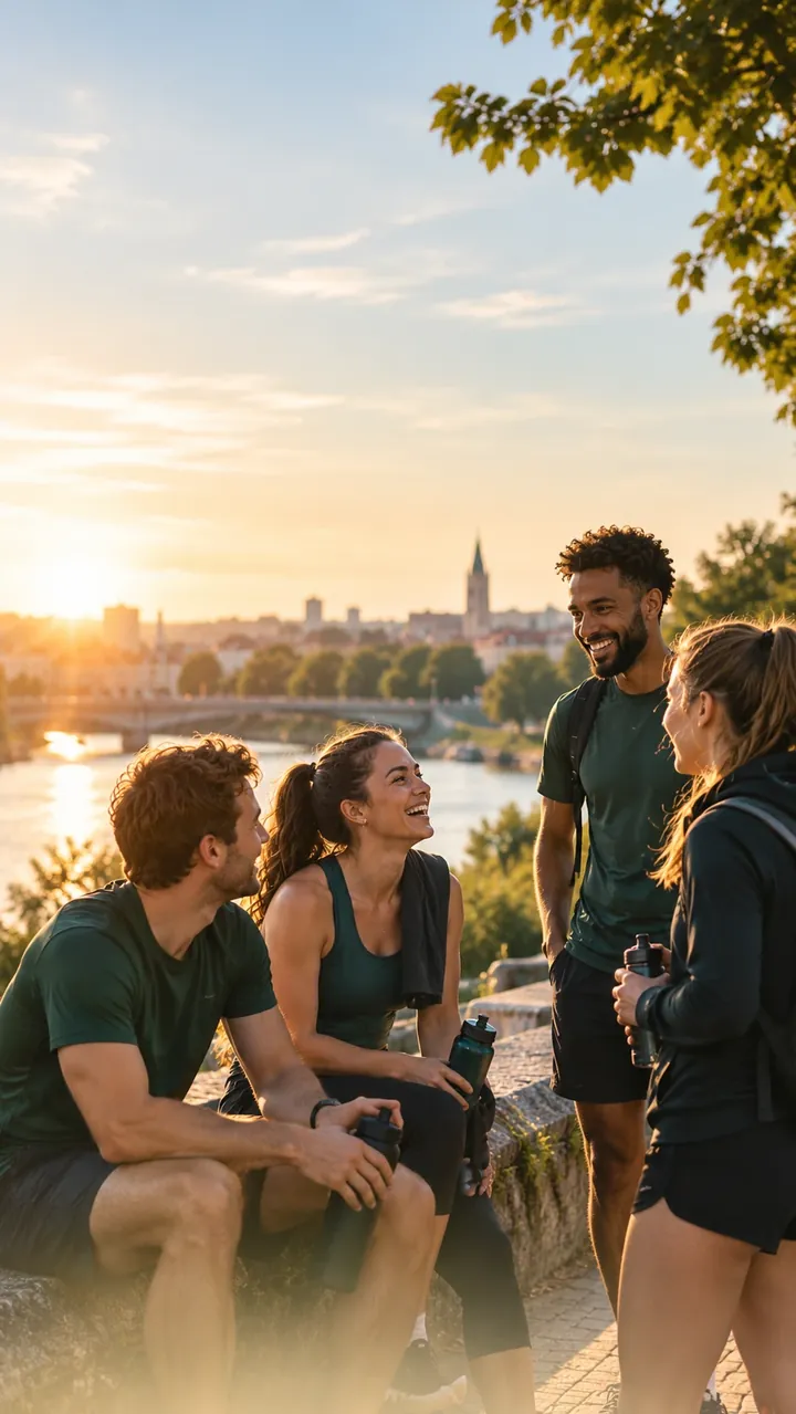 Four friends in running kit laughing together on a riverside wall at sunset
